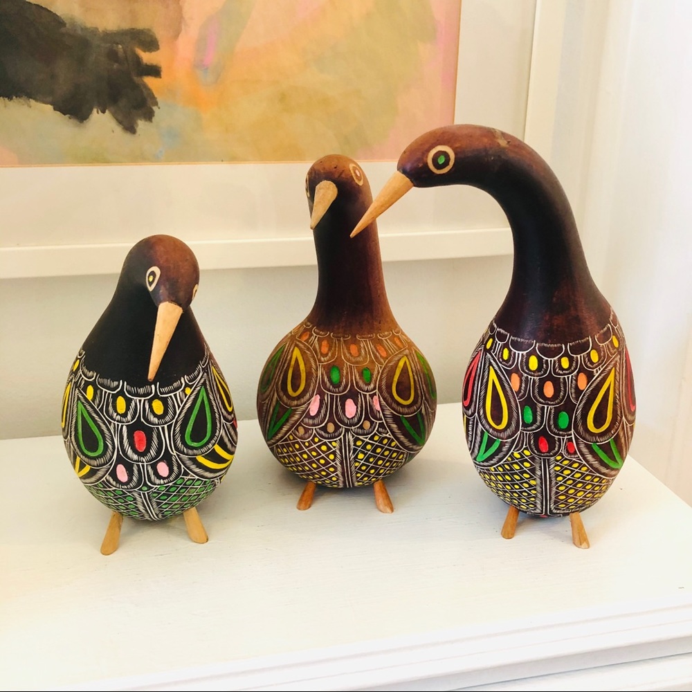 Three vintage South American gourd rattles
